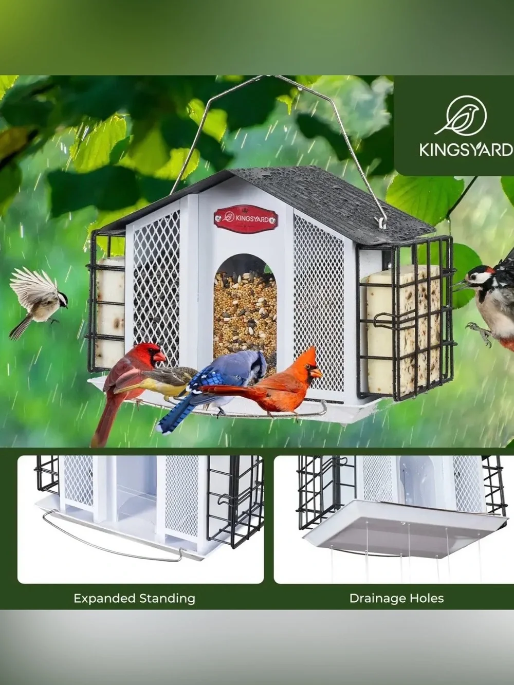 3 In 1 Outdoor Metal Bird Feeder Large Capacity Hanging Seed  Double Suet Feeder